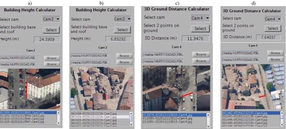 Figure 4: Use of the monoplotting tool to derive building heights (a, b) and measure ground distances like street’s width hazard scenarios.(c, d) in urban and natural   