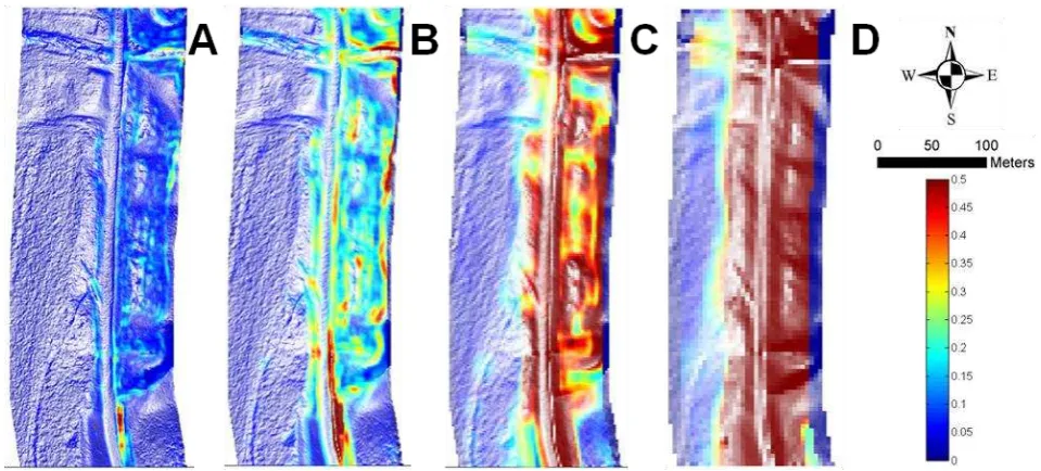 Figure 3. Surface roughness maps with 50 (A), 100 (B), 200 (C), and 400 (D) cm spatial resolution