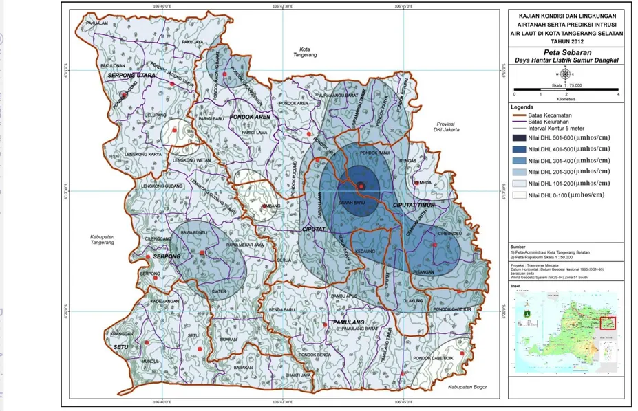 Gambar 17. Peta zonasi DHL airtanah dangkal Kota Tangerang Selatan 35 (μmhos/cm) (μmhos/cm) (μmhos/cm) (μmhos/cm) (μmhos/cm) (μmhos/cm) 
