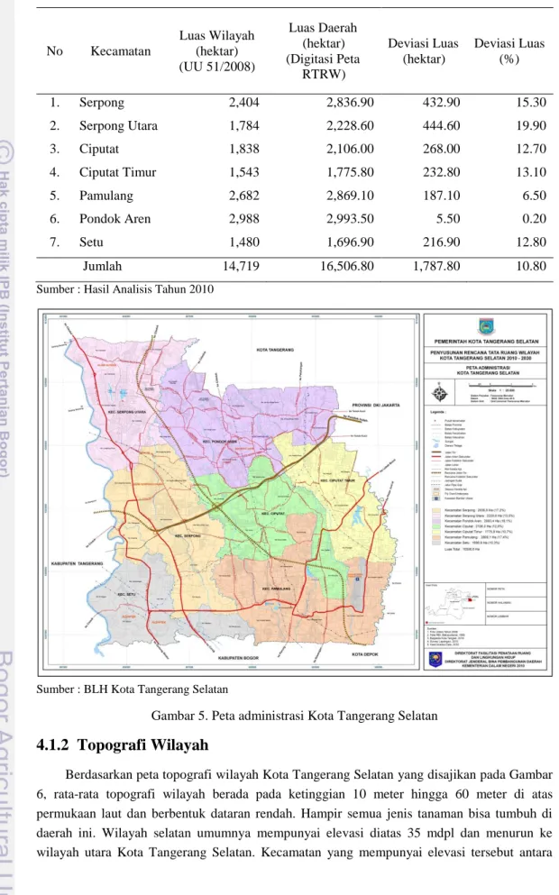 Tabel  2. Luas wilayah Kota Tangerang Selatan  No  Kecamatan  Luas Wilayah (hektar)  (UU 51/2008)  Luas Daerah (hektar)   (Digitasi Peta  RTRW)  Deviasi Luas (hektar)  Deviasi Luas  (%)  1