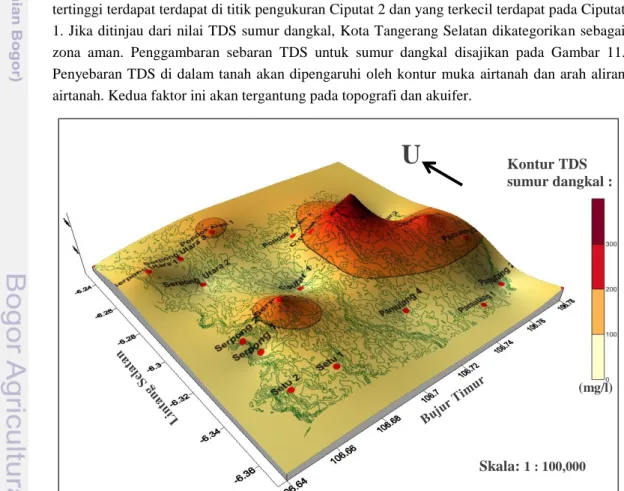 Gambar 11. Kontur 3 dimensi hasil analisis TDS sumur dangkal di Tangerang Selatan 