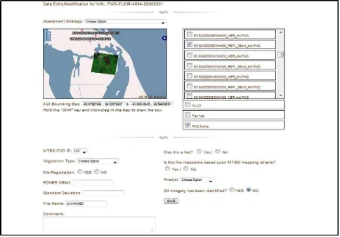 Figure 4. MTBS QuickLook viewer tool.  The interface displays full resolution Landsat subsets, yearly  NDVI curves, and provides a pick-list to record analysts’ scene selections and processing decisions