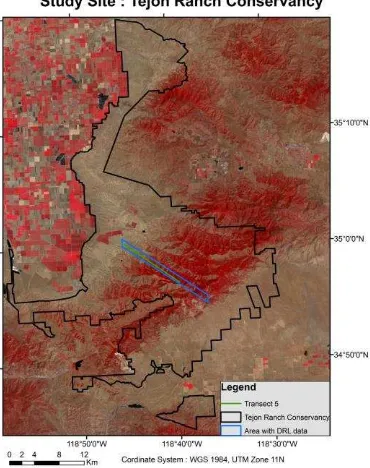 Figure 1. Map showing Landsat TM false color (432) image of study area and location of DRL data extent and transect 5
