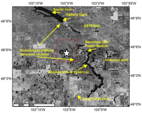 Figure 1. RapidEye satellite image dated 12/08/2012 (DD/MM/YYYY) showing an overview of the Aquistore site site is marked by star