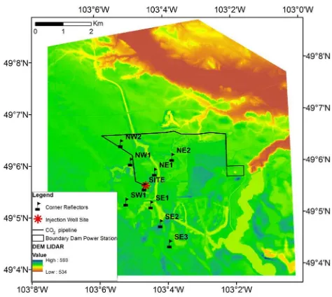 Figure 3. Detailed location of Aquistore injection site. The background is LiDAR DEM. Corner reflectors  are marked with a flag and named: SITE (Aquistore injection site), NE1-NE2, NW1-NW2, SE1-SE3 and SW1