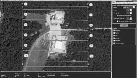 Figure 1. Mission Planner survey tool plots flight lines base on mission constraints using ©2014 Google Earth image  