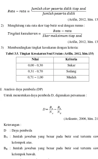 Tabel 3.5. Tingkat Kesukaran Soal Uraian (Arifin, 2012, hlm.135) 