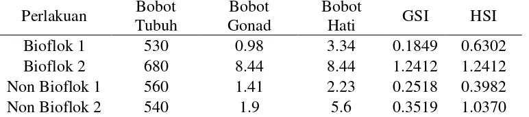 Tabel 2. Hasil pengukuran bobot tubuh, gonad, dan hati serta perhitungan GSI dan HSI pada induk jantan ikan lele Clarias sp