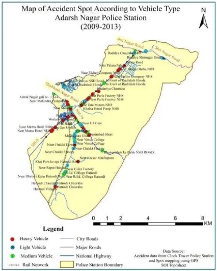 Figure 18: Accident Spot Map of Adarsh Nagar Police Station on Vehicle Basis (2009-2013) 