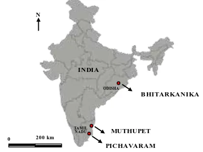 Figure 2. EO-1 Hyperion image of (a) Pichavaram,  (b) Muthupet. and (c) Bhitarkanika FCC (R=B40, G=B30, B=B20) 