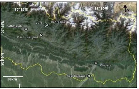 Figure 1. Landslide location (Jure) and gauge stations (Bahrabise, Pachuwarghat and Chatara) along Sunkoshi river