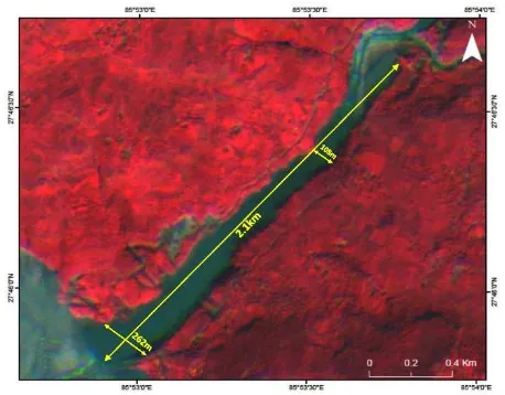 Figure 4b. Landslide dammed lake dimensions as observed on  IRS  Resourcesat-2 LISS-IV satellite data acquired on 07th September 2014 (Source: NRSC) 