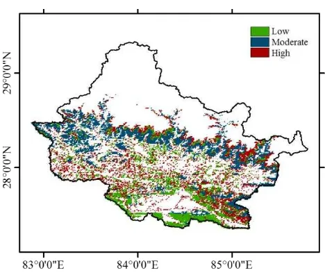 Figure 4: Vulnerability map of CHAL landscape indicating regions moderate to high vulnerability of forest ecosystems situated along high altitude  