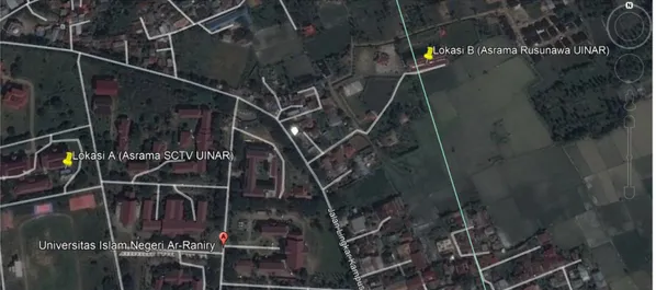 Gambar 3.1 Lokasi titik pengambilan sampel asrama UIN Ar-Raniry  (Sumber : Google Maps, 2017)