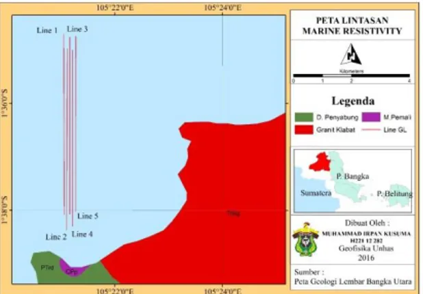 Gambar 3 Peta lintasan pengukuran marine  resistivity diperairan Laut Lubuk Bundar,  Kabupaten Bangka Barat Proinsi 