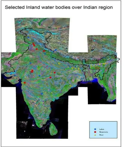 Figure 1. Water level retrieval locations for River (Yellow) and  Reservoir (Red)/Lake (Blue) over India including Himalayan region