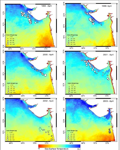 Figure 3.2: The spatial distribution pattern of SST for the year 1998-2003 overlain on catch weight   