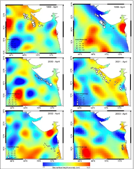 Figure 3.5: The spatial distribution pattern of SSHA for the year 1998-2003 overlain on catch weight map   