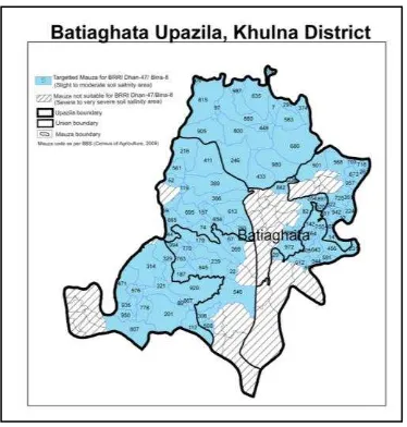 Fig.4 Site suitability of upazilas in southern Bangladesh for growing BRRI Dhan-47, Binadhan-8 and -10 