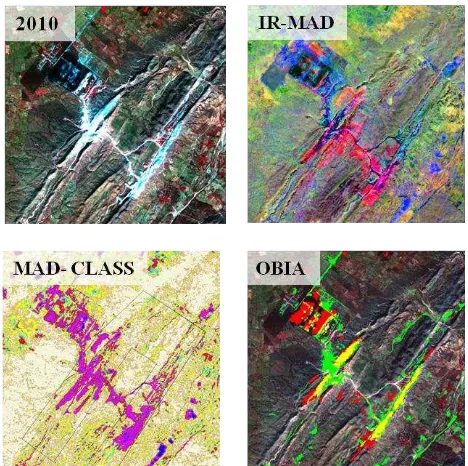 Figure 2. A subset of the multi-temporal images (FCC) of 2010 & the IR-MAD component (top).The classification result of IR-MAD and object based segmentation indicating the land cover changes (bottom)