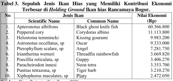 Tabel 3.  Sepuluh  Jenis  Ikan  Hias  yang  Memiliki  Kontribusi  Ekonomi          Terbesar di Holding Ground Ikan hias Rancamaya Bogor