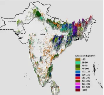 Figure 3. Methane emission image for the South and South Asian countries using remote sensing and GIS approach coupled with the  derived methane emission values