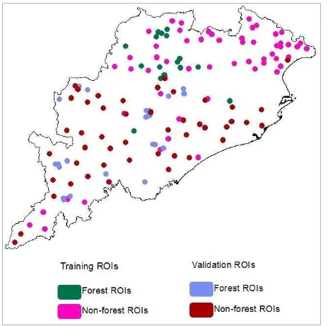 Fig. 4. The spatial distribution of ground sampling locations over India. The Regions of Interest (ROIs) used for the algorithm training and results validation