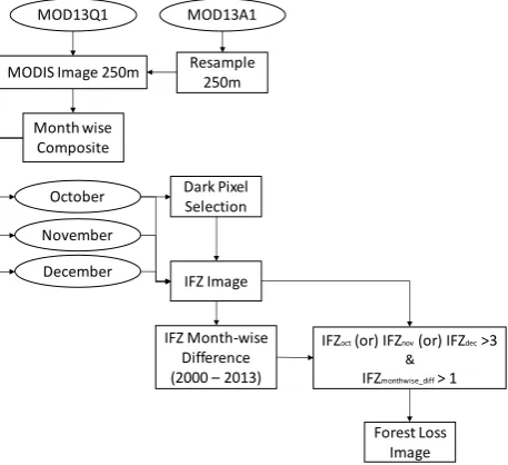 Figure 1. Flowchart of methodology used for pre-processing and forest loss area detection using MODIS Imagery  