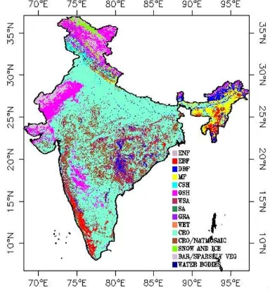 Figure. 1 Land cover map (IGBP Version 2.0) depicting  different vegetation types in India