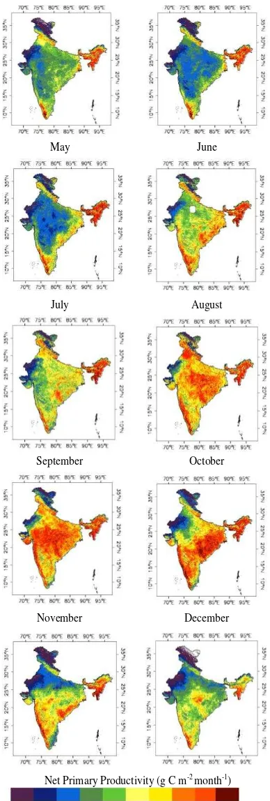Figure 3 Spatial distribtion of Monthly NPP in India  estimated using INSAT 3A CCD data 