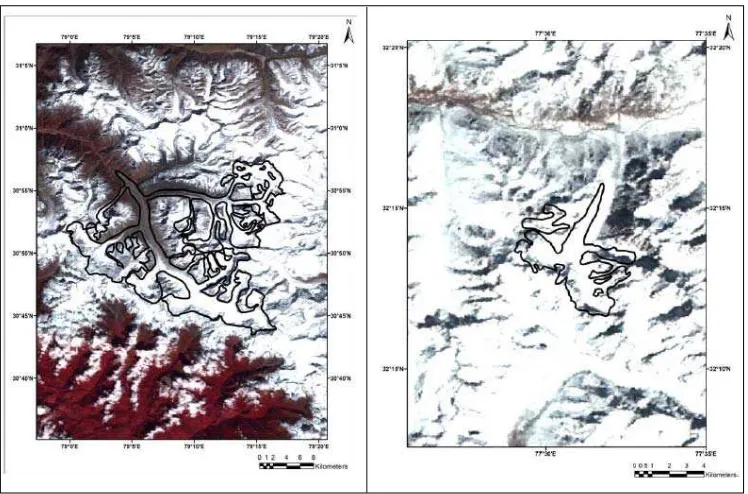 Figure -1(a) False Color Composite (Green, Red and NIR bands) of Resourcesat 1-AWiFS image showing location of Gangotri glacier lying in Ganga basin of Himalayan region and (b) depicts False Color Composite (Green, Red and NIR bands) of Resourcesat 1-AWiFS