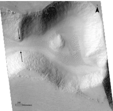 Fig. 5 HiRISE image having conical depressions Pits joining together in arrows. Aeolian ripples can been observed in floor