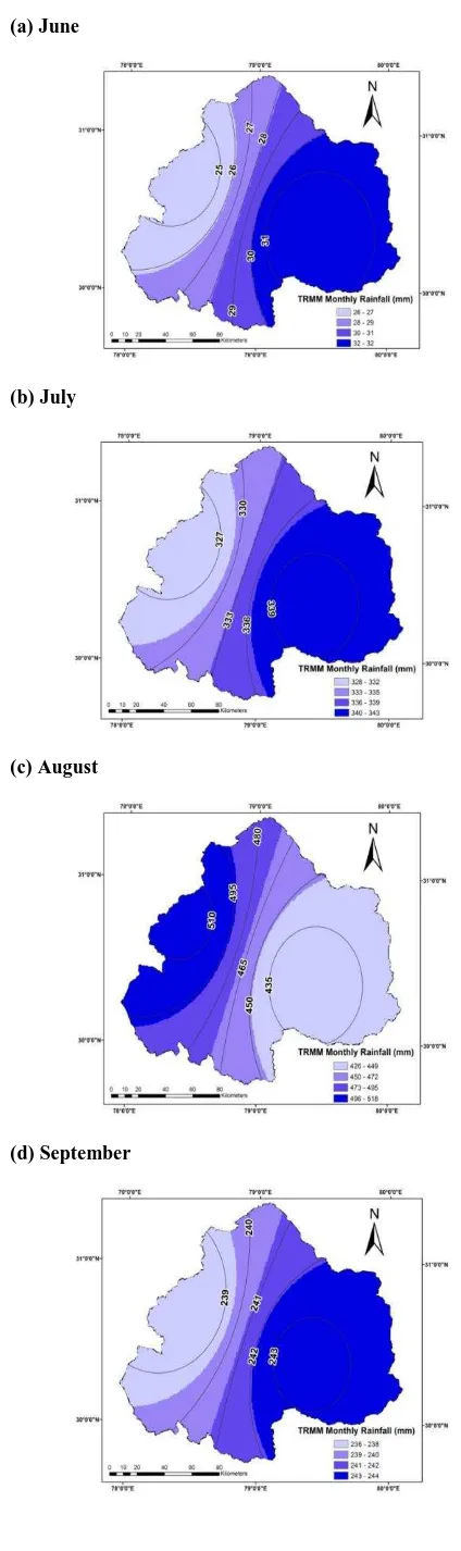 Figure 5: Comparison of the spatial distribution of TRMM monthly rainfall data with gauge monthly rainfall data (isohyets) for the following months: (a) June, (b) July, (c) August, (d) September, and (e) October    