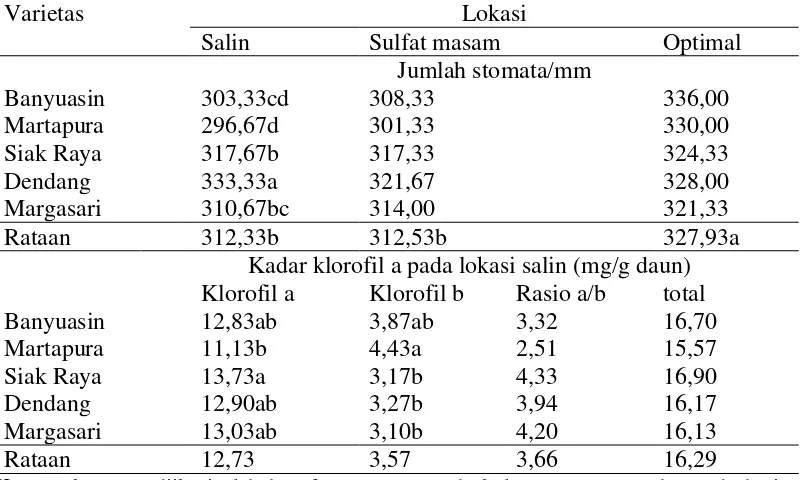 Tabel 4. Jumlah stomata, pada 3 lokasi yang diuji kadar klorofil a, b dan total pada lahan salin 