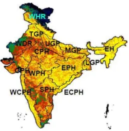 Figure 1: Study area with agro climatic region boundary (Agro climatic regions are: WHR: Western Himalayan Region, EH :Eastern Himalayan Region  TGP: Transgangetic Plains, UGP: Upper Gangetic Plains, MGP: Middle Gangetic Plains, LGP: Lower Gangetic Plains,