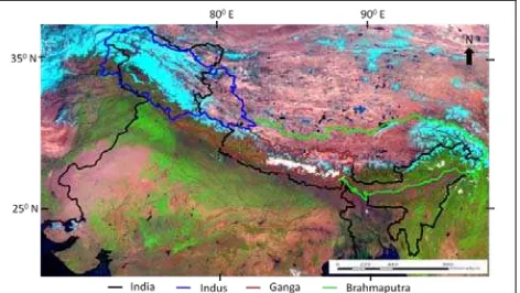 Figure 2: Location of study area consisting three major river basins Indus, Ganga and Brahmaputra in the Himalayas (background image is INSAT 3A-CCD)