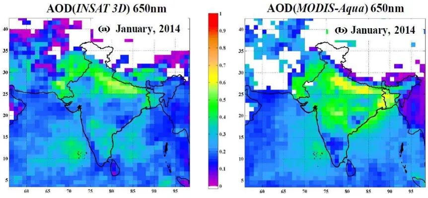 Figure 6: Qualitative comparison of monthly composite AOD retrieved from INSAT-3D Imager data and MODIS-aqua at 1omonth (resolution and at wavelength of 0.65 µm