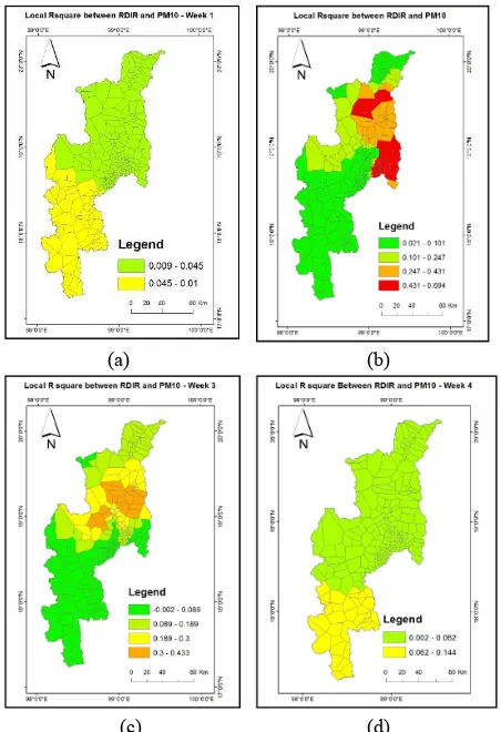 Figure 10. Local R square between RDIR and PM10 in four weeks of March. (a) week 1, (b) week 2, (c) week 3, (d) week 4