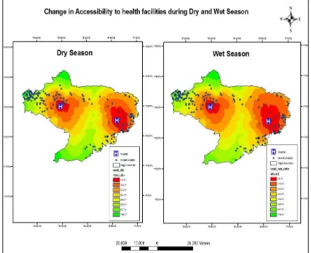Figure 3.4 Changes in accessibility to health facilities during dry and wet seasons by travel 