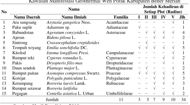 Tabel 4.2 Jenis-jenis Tumbuhan Herba yang Terdapat di Stasiun Bagian Selatan  Kawasan Manifestasi Geothermal Weh Porak Kabupaten Bener Meriah 