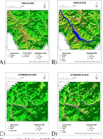 Figure 10. Major LULC changes around towns in Bhagirathi basin: A) Tehri in 1998, B) Tehri in 2010, C) Uttarkashi in 1998 and D) Uttarkashi in 2010
