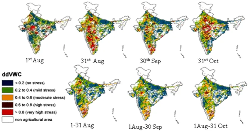 Fig.  4 Spatio-temporal dynamics of diurnal difference Vegetation Water Content (ddVWC) over India during August – October 2005 
