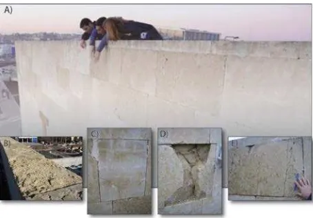 Figure 1.Villamayor Stone decay. A.- Southwest cladding façade with significant decay of the Villamayor Stone