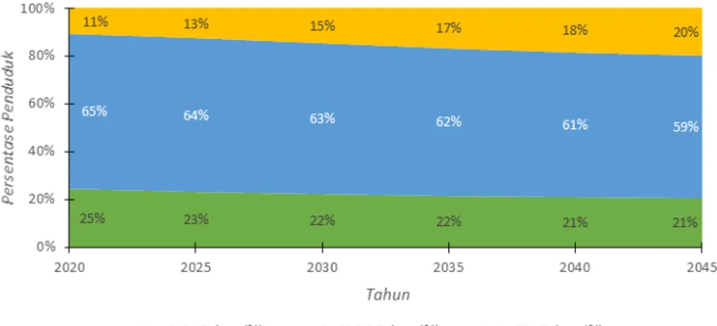 Grafik 1 proyeksi persentase penduduk Indonesia berdasarkan kelompok usia   tahun 2020-2045