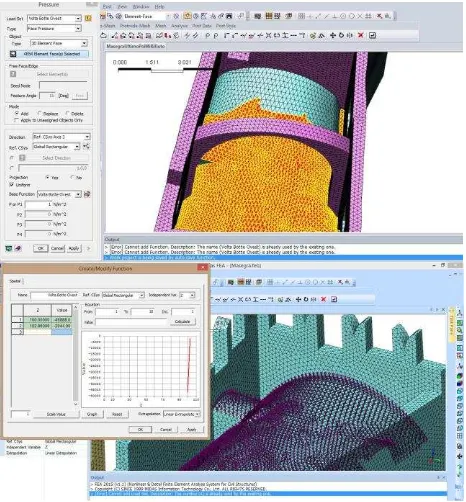 Fig. 8. Stress after simulation via alveolar mesh derived from BIM: (top) first principal stress; (middle) third principal stress; (bottom) vertical stress