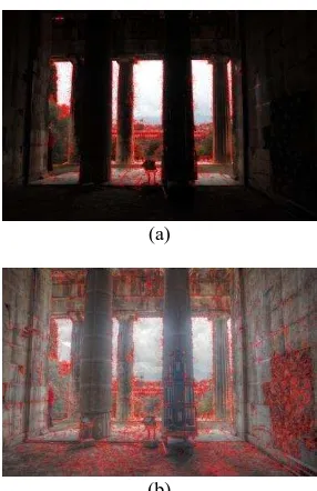 Figure 5: Features detected with ORB (a) on the SDR image (8144 points) and (b) on the HDR image (20000 points)