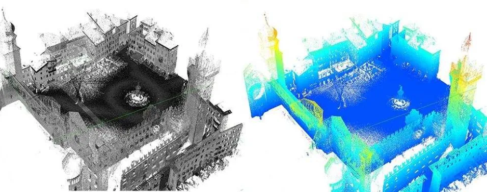 Figure 14. Intensity (left) and elevation (right) map of the MMS data collected in the Duomo square of Trento (Italy)