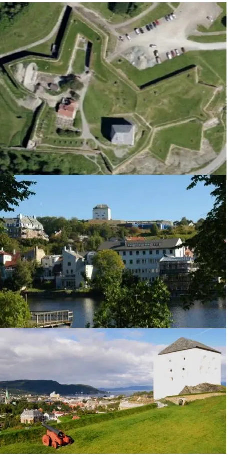 Figure 1: Fortification Kristiansten in Trondheim – nadir aerial photo (top, Google Earth), view from the city to the defence tower Donjon (centre) and view to the city (bottom) 