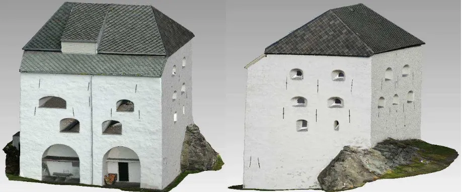 Figure 2: Control point signalisation at both fortress buildings, reflective targets for laser scanning, geodetic control point measurement and Riegl VZ-400 in use (f.l.t.r.) 
