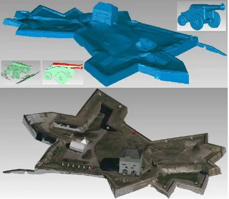Figure 4: Fortification Kristiansten as meshed 3D model including modelled canons (top) and 3D model textured in Geomagic (bottom) 